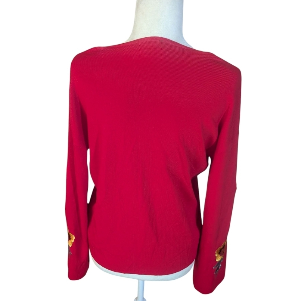 Red Knit Floral Femme Embroidered V Neck Whimsigoth Bell Sleeves Top Sz M - Picture 3 of 9